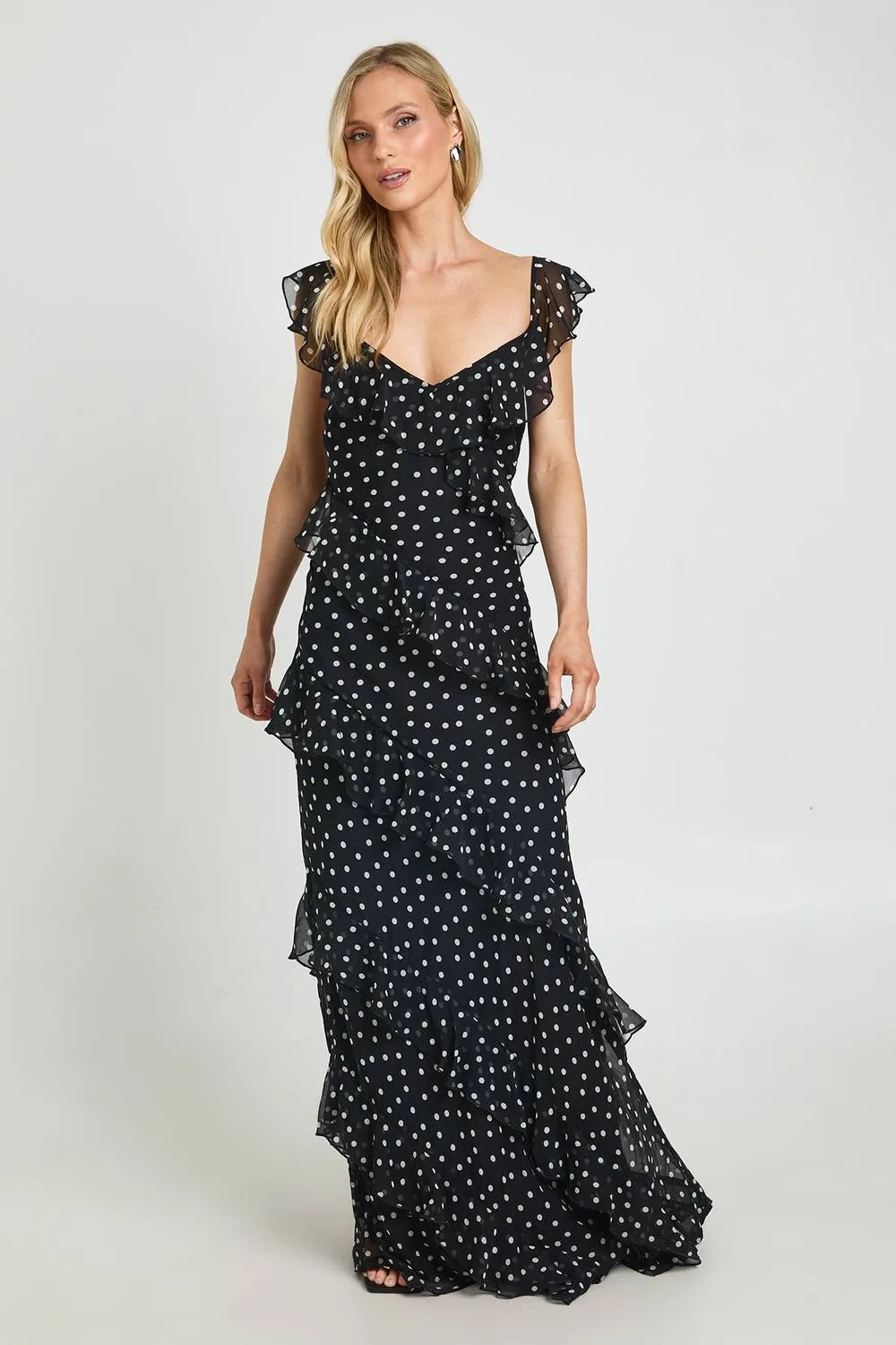 Chiffon Ruffle Polka Dot Strappy Maxi Dress - Woven
