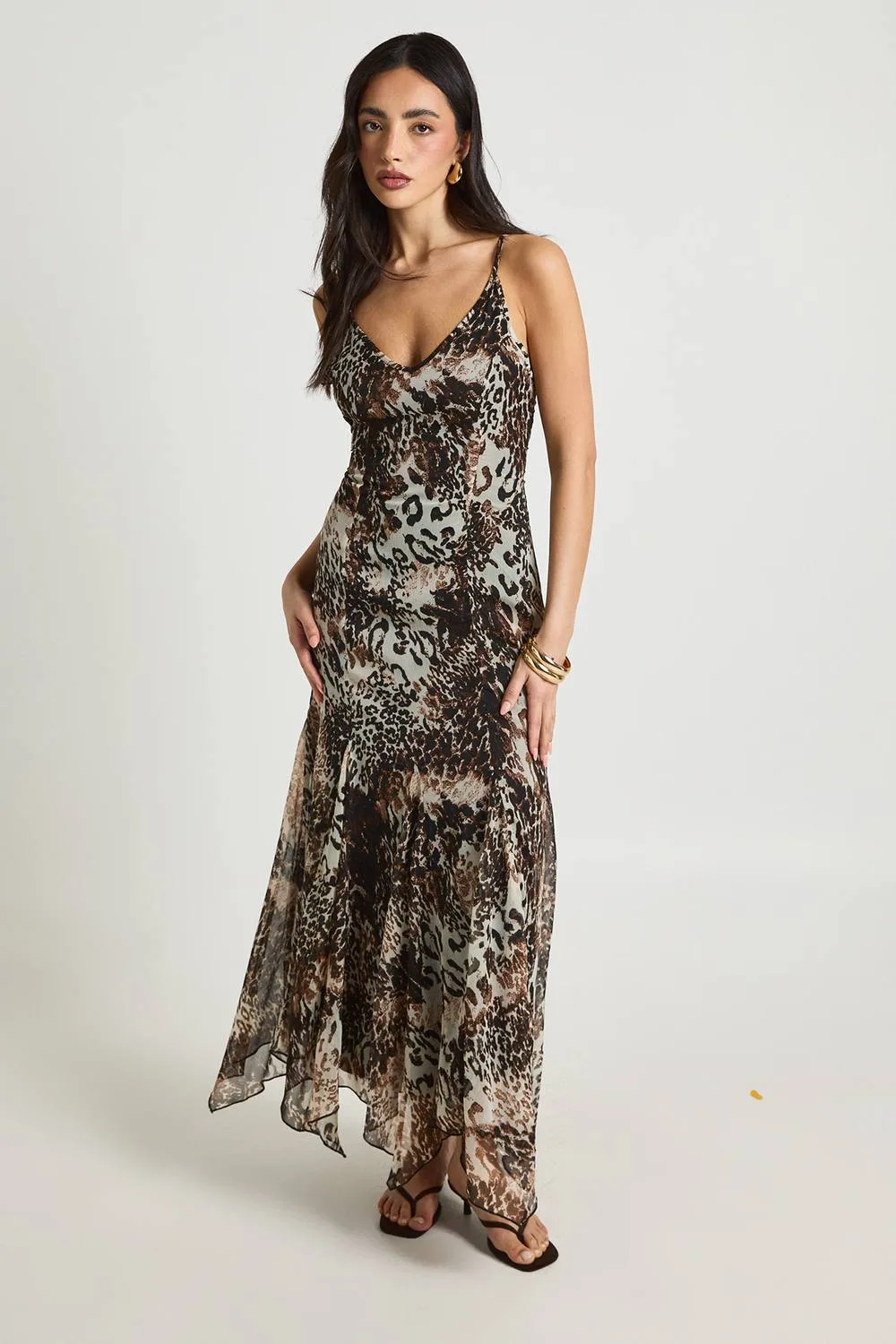 Tonal Leopard Chiffon Godet Hem Maxi Dress by boohoo