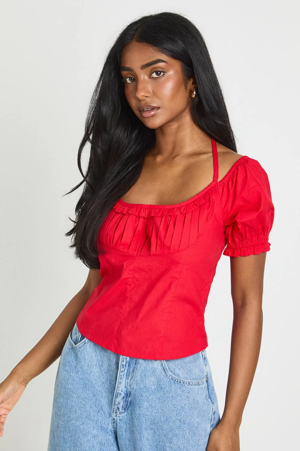 Poplin Halterneck Milkmaid Top - Denim/Cotton/Polyurethane by boohoo
