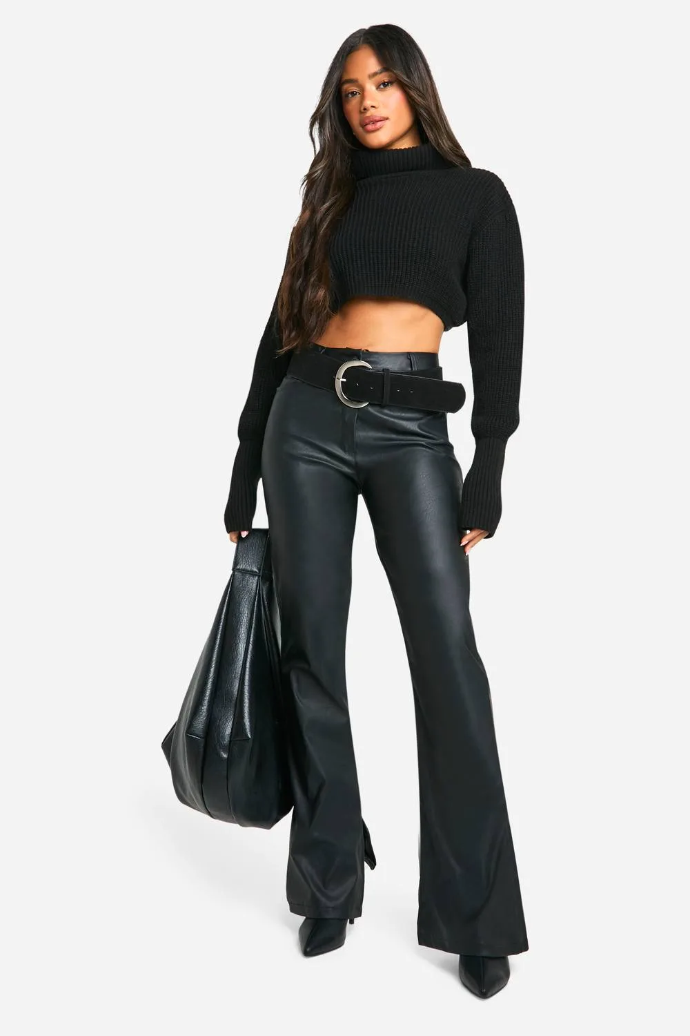 Leather Look Split Hem Straight Fit Trousers by boohoo