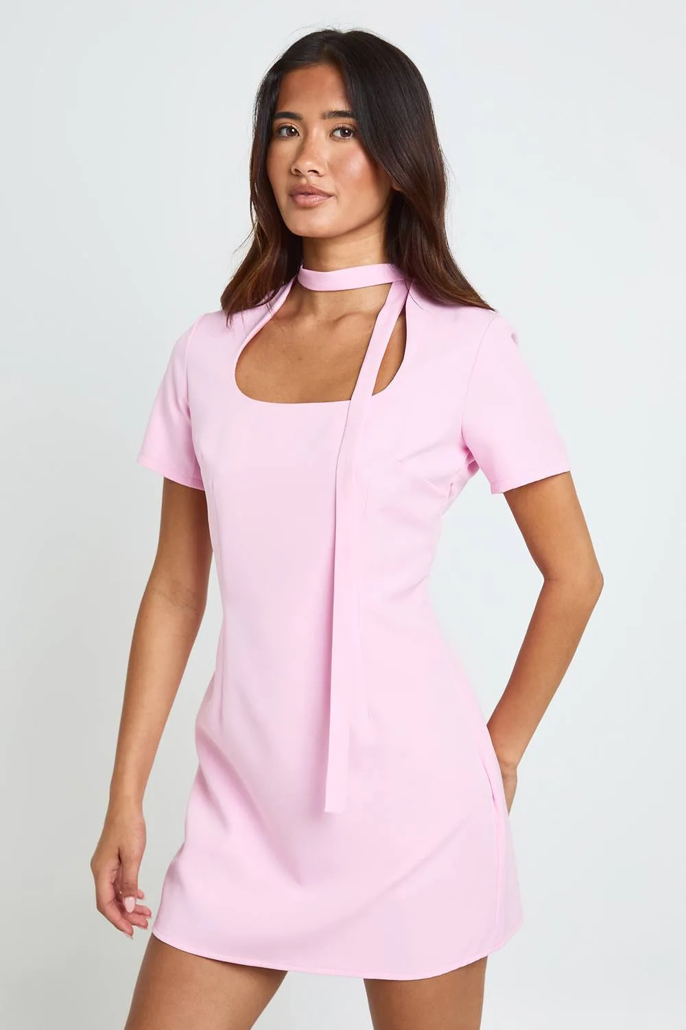 Short Sleeve Scarf Detail Mini Dress - Woven by boohoo