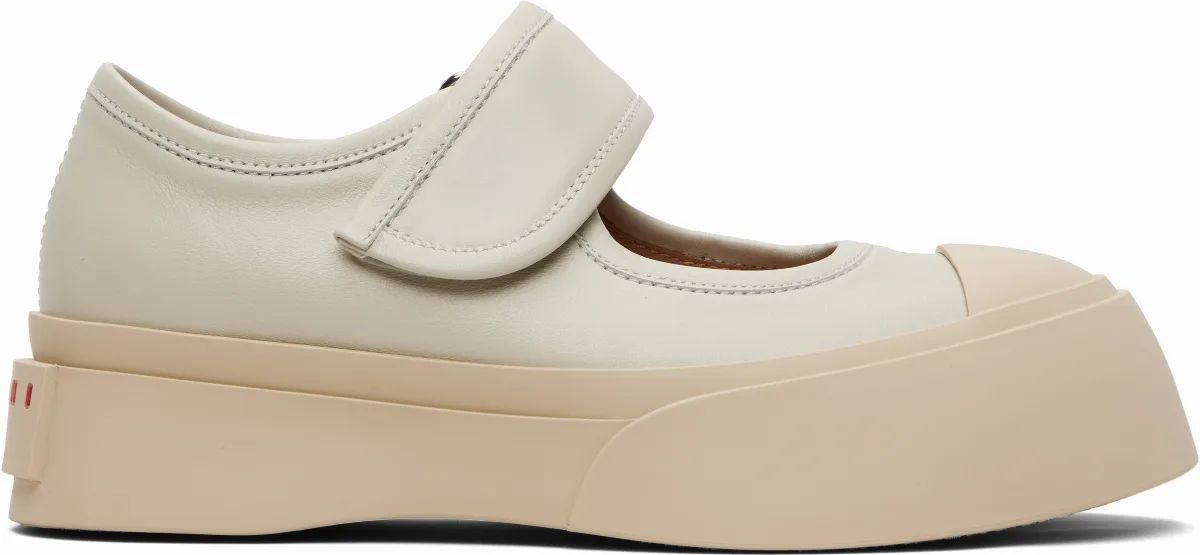 Beige Nappa Leather Mary Jane Ballerina Flats