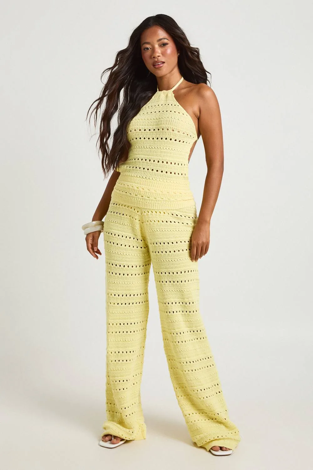 Crochet Knit Halterneck Top & Wide Leg Trouser Co-Ord by boohoo