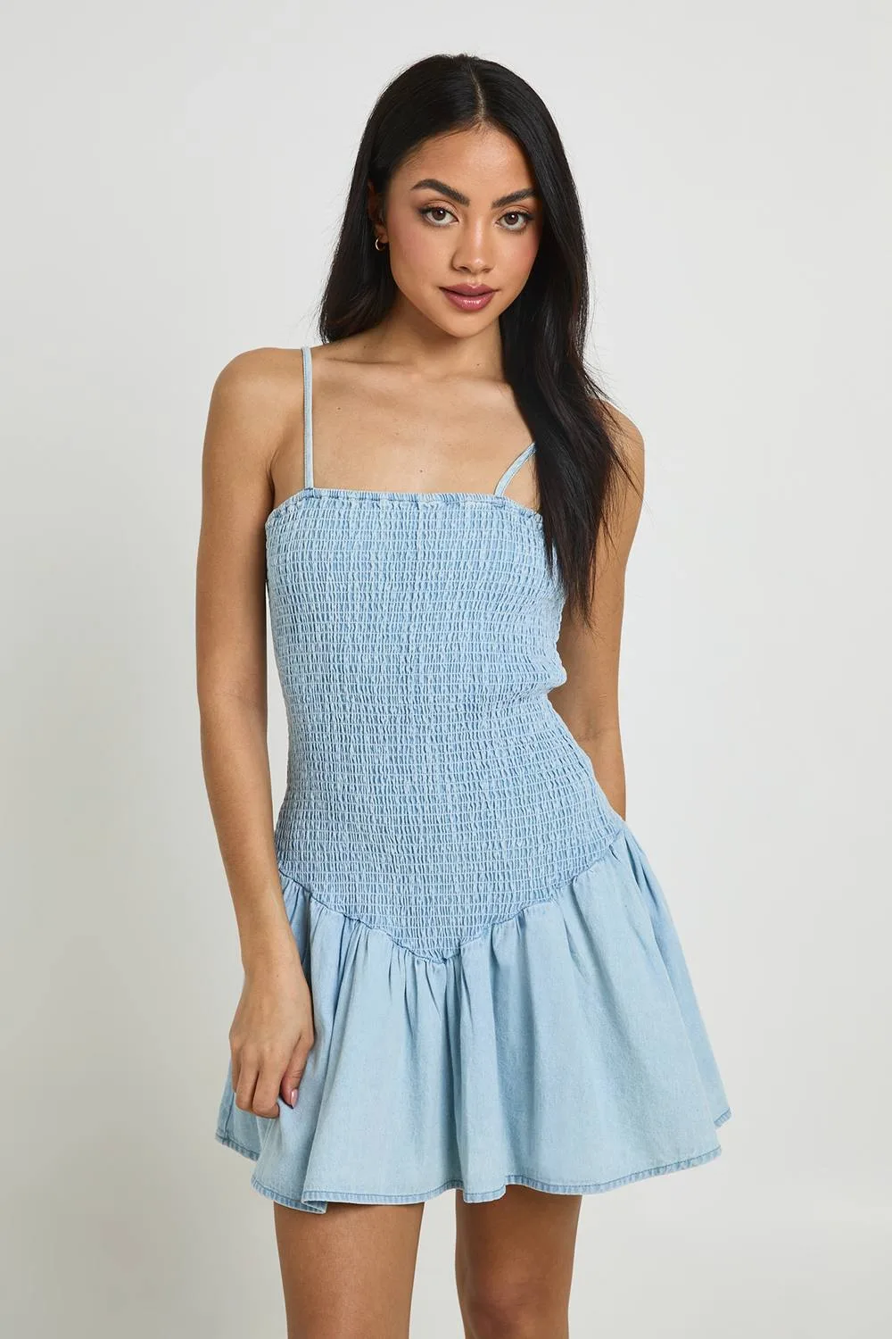 Chambray Shirred Skater Dress - Denim/Polyurethane by boohoo