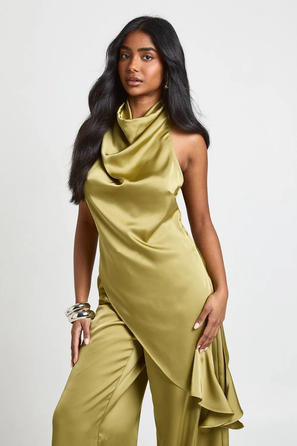 Satin Cowl Neck Asym Hem Top by boohoo