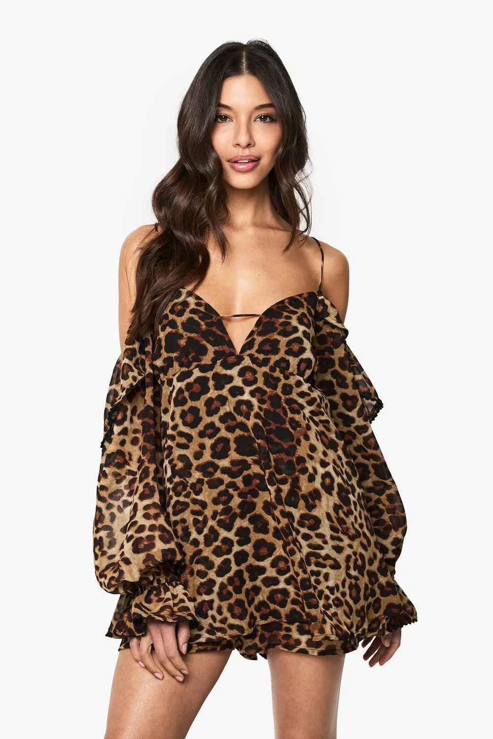 Leopard Chiffon Cold Shoulder Ruffle Playsuit - Denim/Chiffon by boohoo