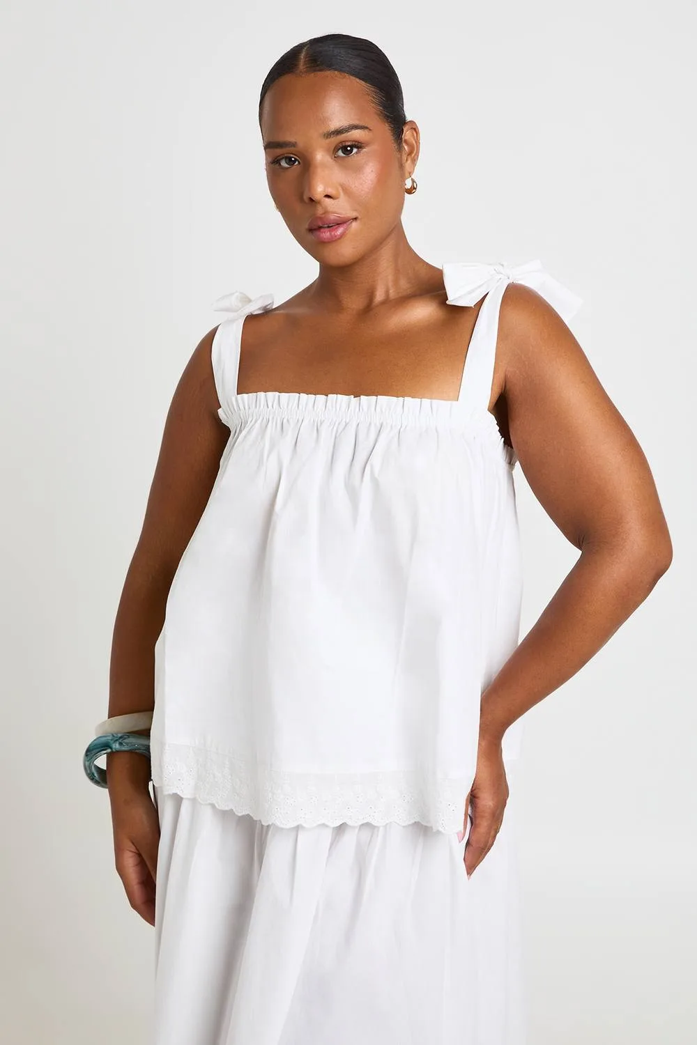 Tie Shoulder Lace Hem Top - Cotton/Polyurethane/Woven by boohoo