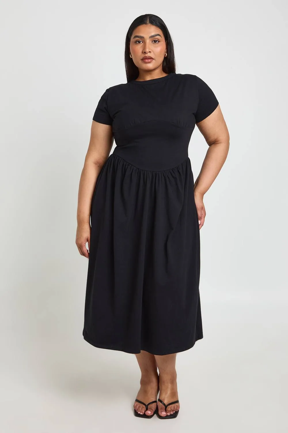 Cotton Cinched Waist Cap Sleeve Midi Dress - Denim/Cotton