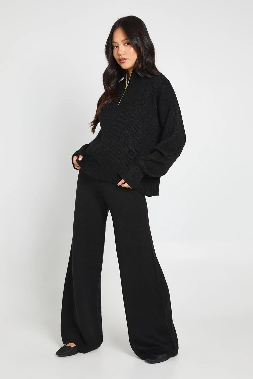 Super Soft Zip Neck Oversized Jumper & Wide Leg Trouser Co-Ord - Knitted by boohoo