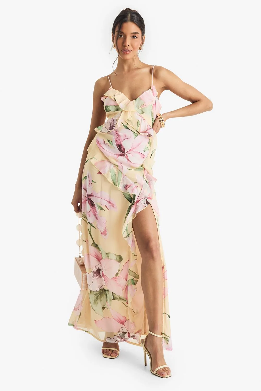 Floral Crinkle Chiffon Ruffle Maxi Dress by boohoo