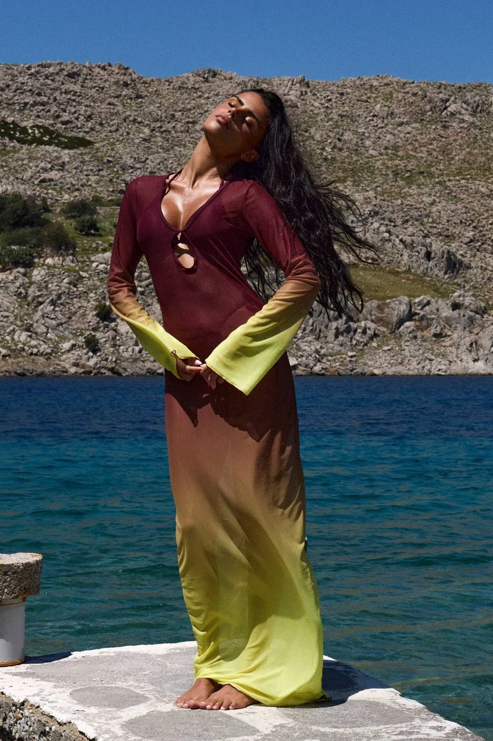 Ombre Cut Out Sheer Mesh Long Sleeve Beach Maxi Dress by boohoo