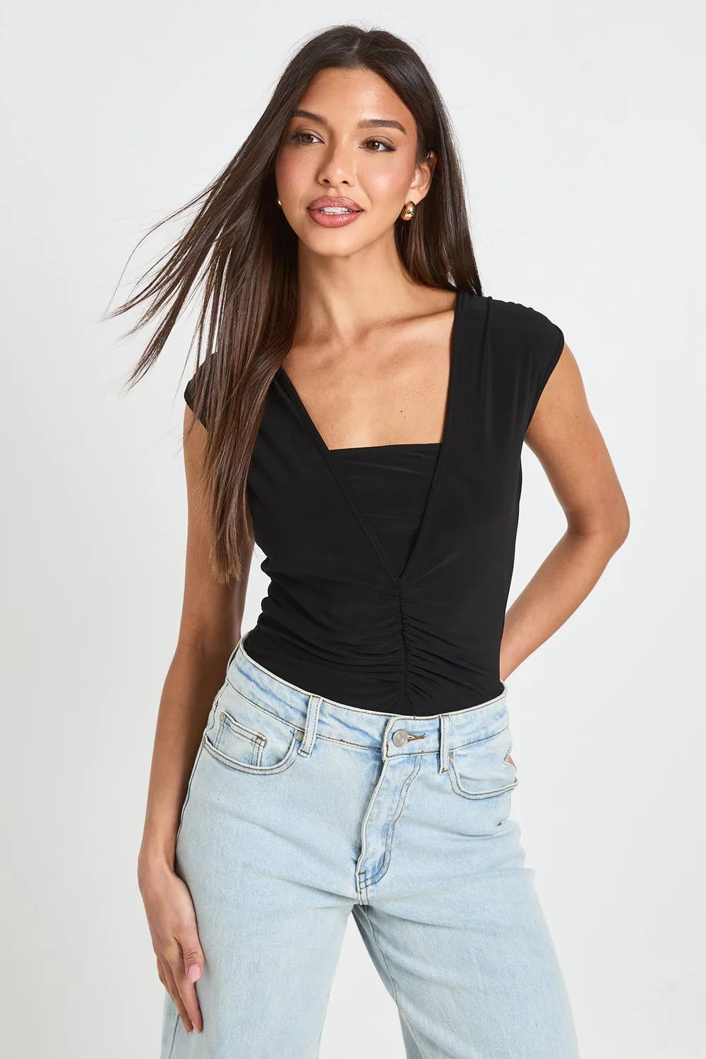 Slinky Ruched V Neck Bodysuit - Knitted by boohoo