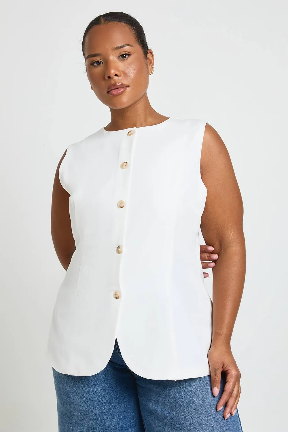 Long Line Cinch Waist Waistcoat - Denim/Elastane by boohoo