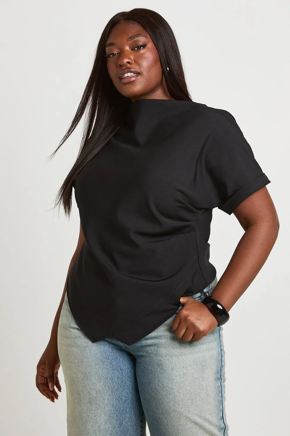 Rouched Asymetric Top - Polyurethane/Woven by boohoo