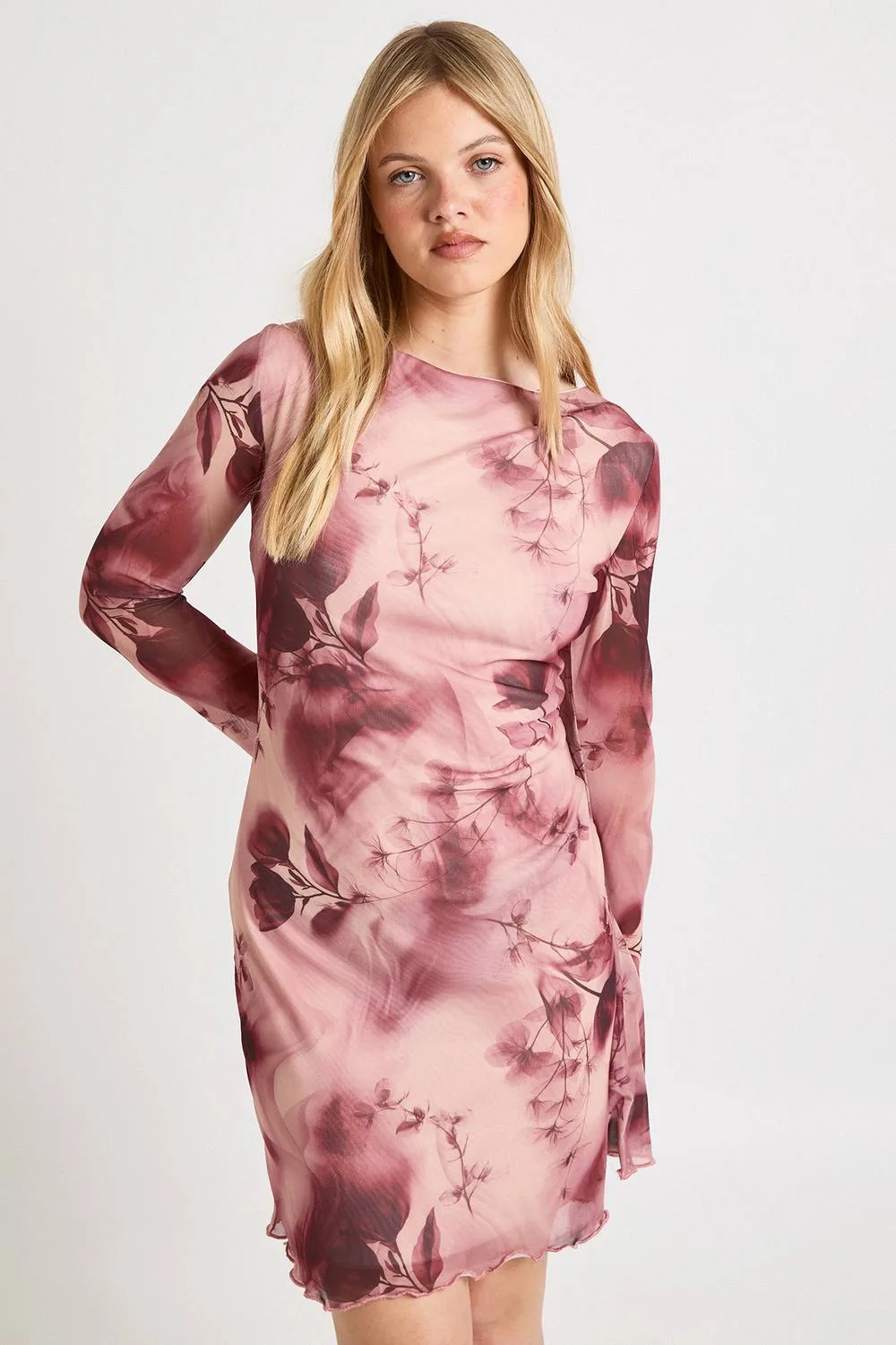 Floral Mesh Flared Sleeve Mini Dress by boohoo