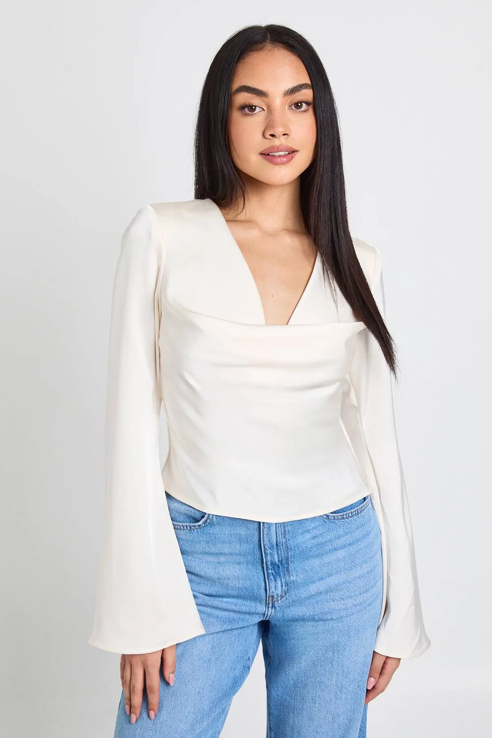 Long Sleeve Satin Cowl Neck Top