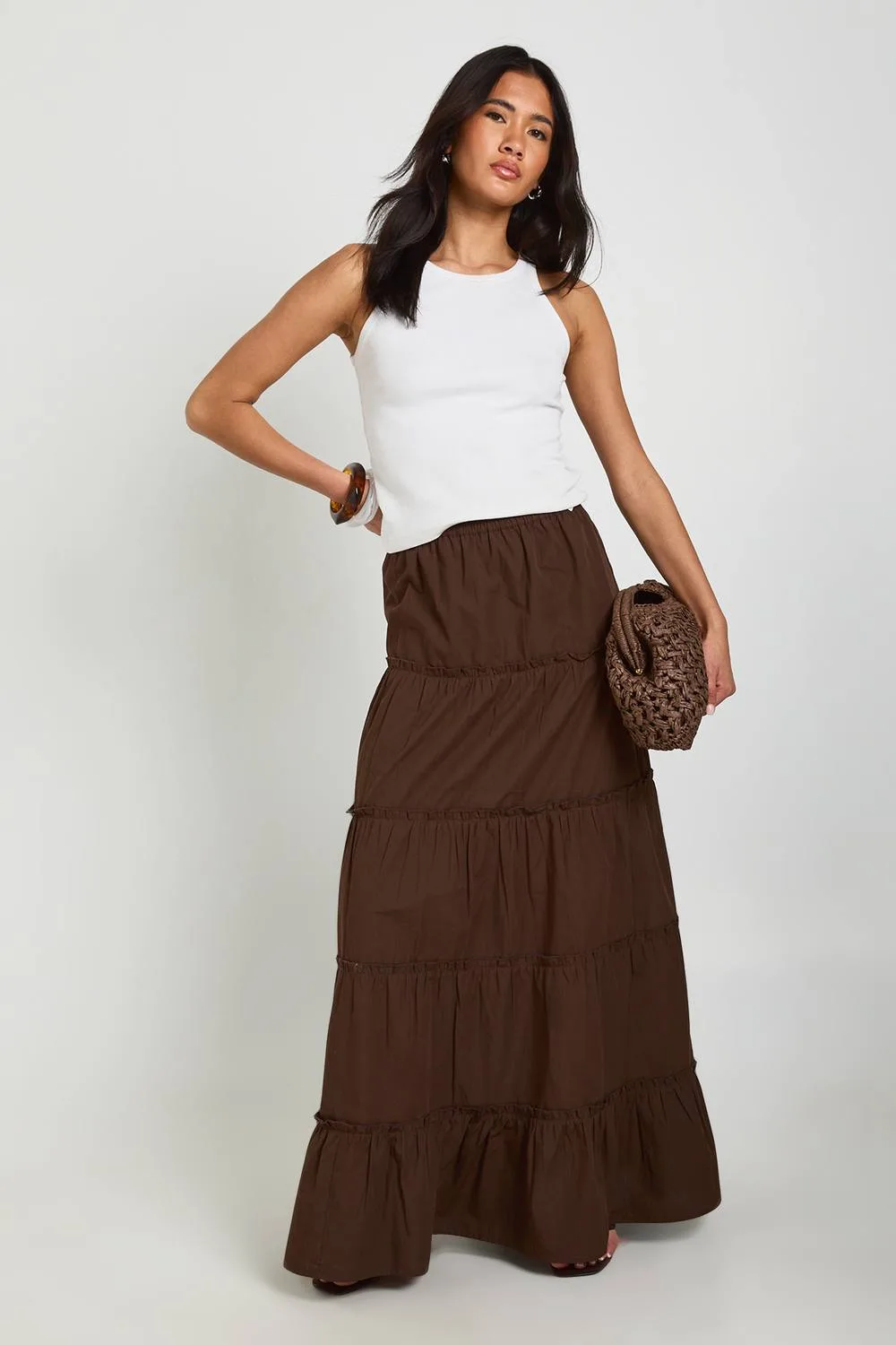 Tiered Cotton Poplin Maxi Skirt - Cotton/Linen/Polyurethane by boohoo