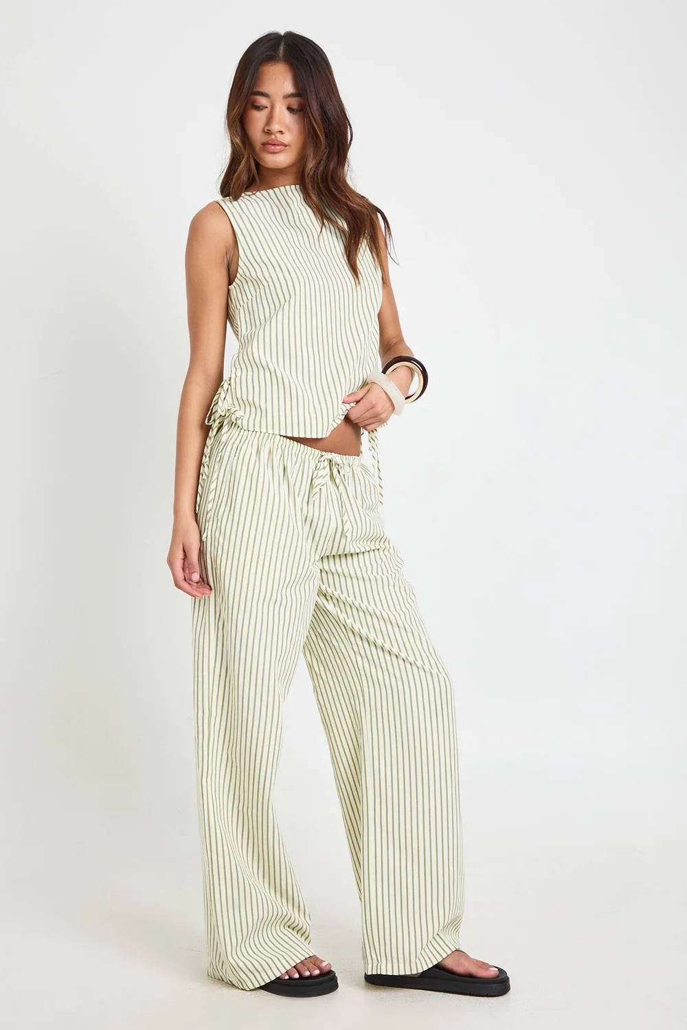 Textured Stripe Drawstring Waist Trouser - Linen/Polyurethane by boohoo