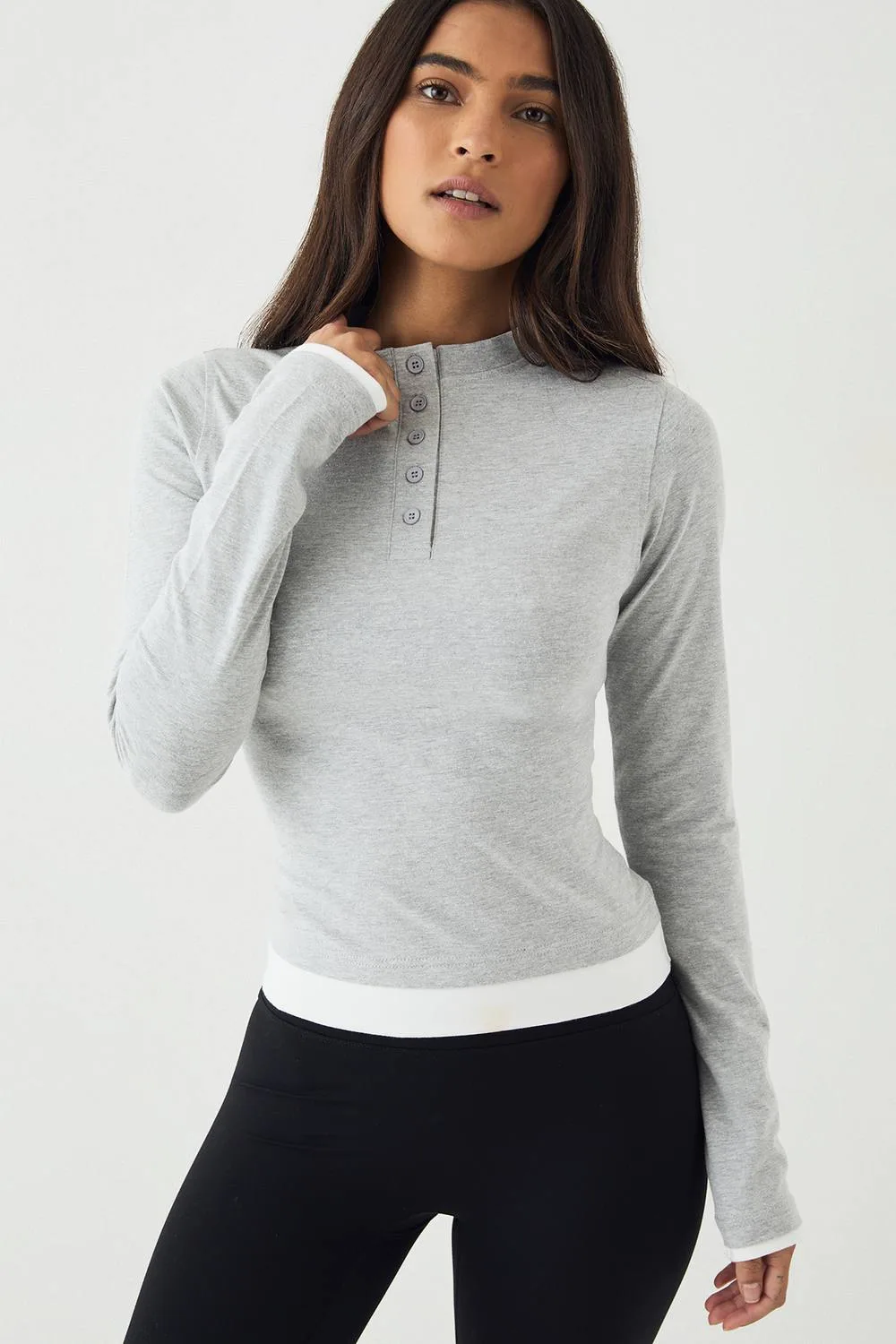 Contrast Button Detail Long Sleeve Top - Denim by DSGN Studio