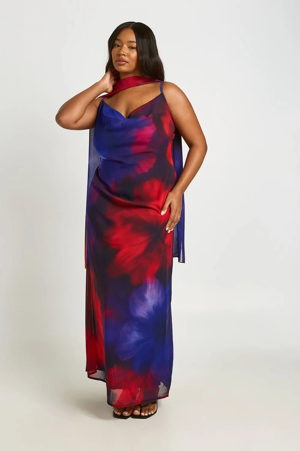 Floral Chiffon Cowl Neck Maxi Dress