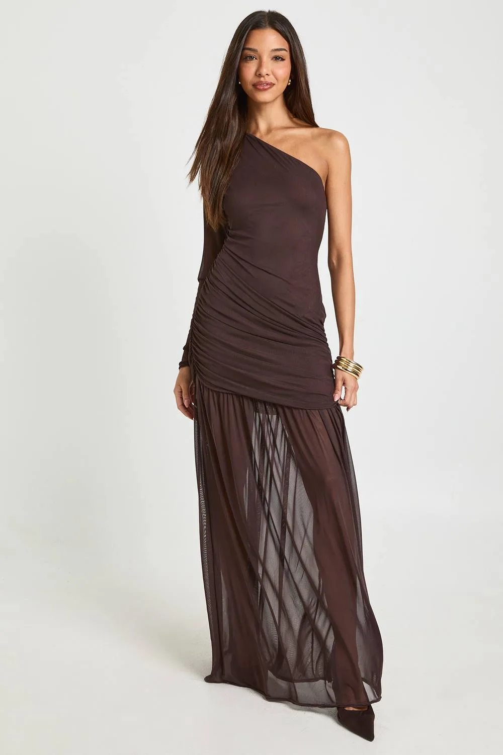 Mesh One Shoulder Ruched Maxi Dress