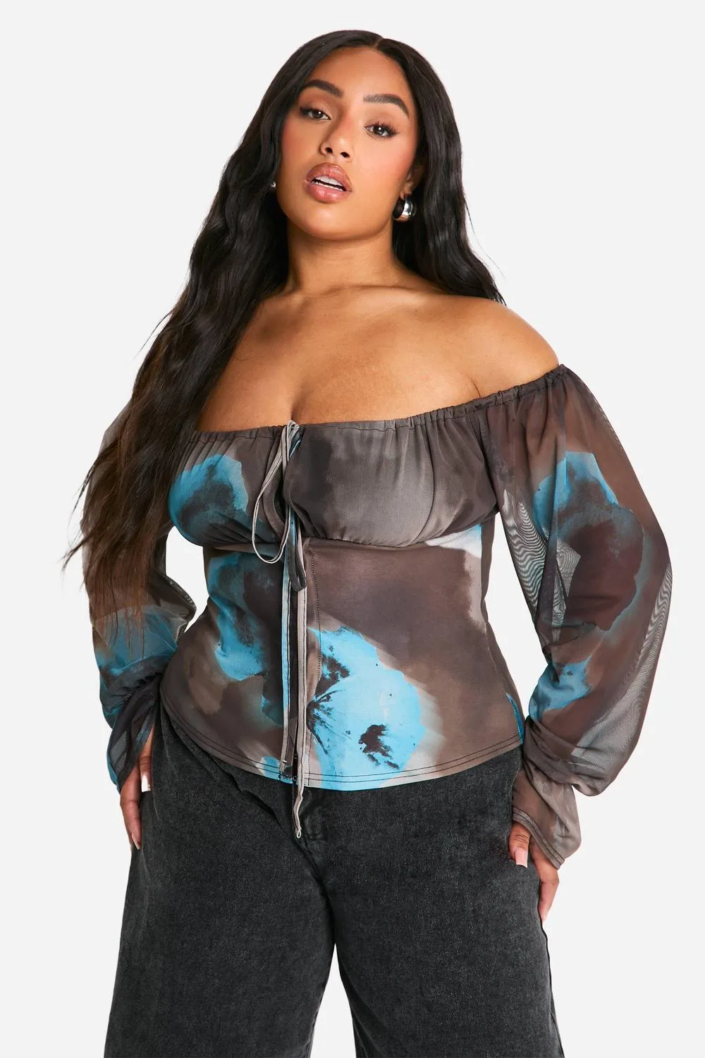 Large Floral Mesh Sleeve Bardot Corset Top by boohoo