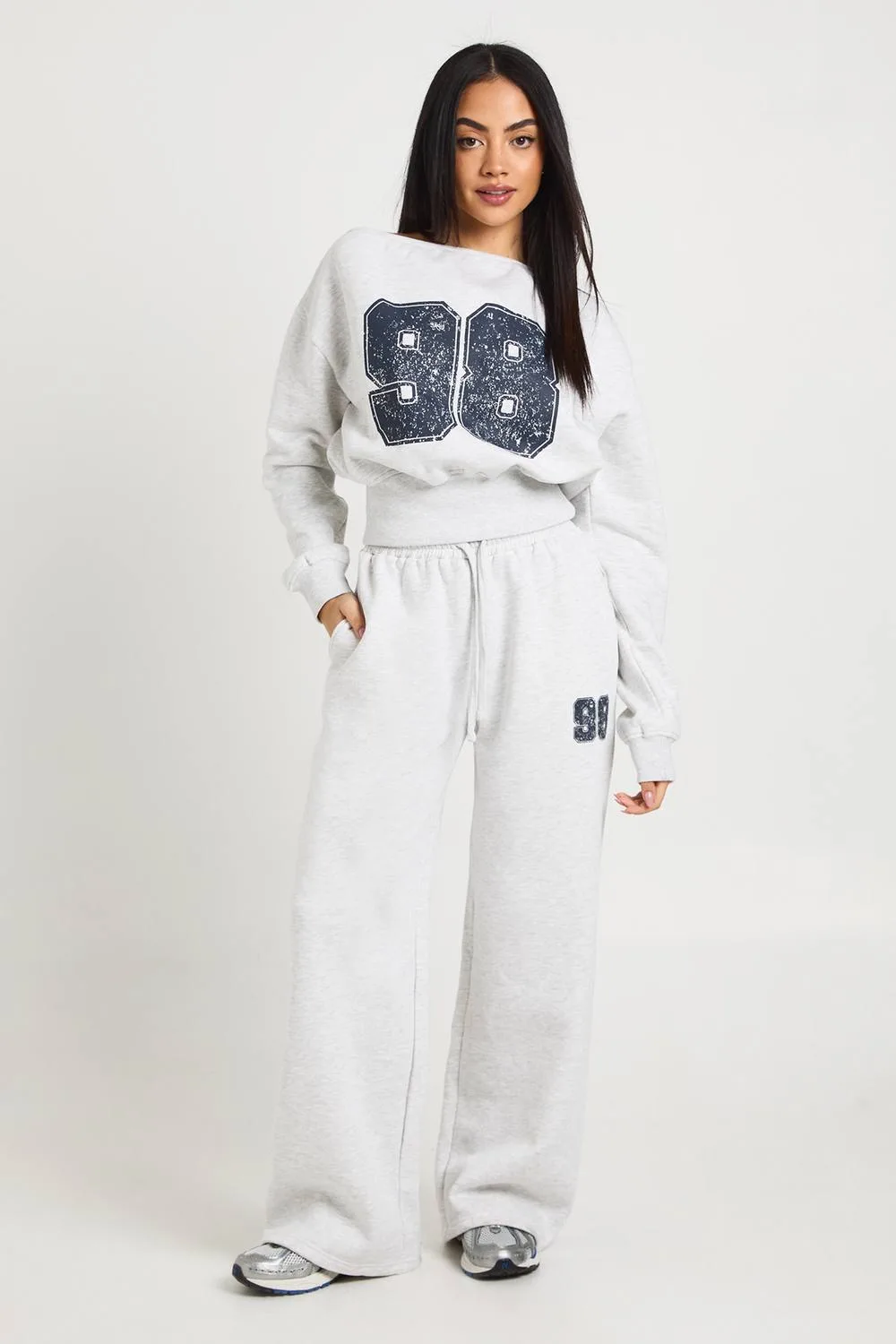 98 Print Off-Shoulder Straight Leg Tracksuit - Polyurethane by boohoo