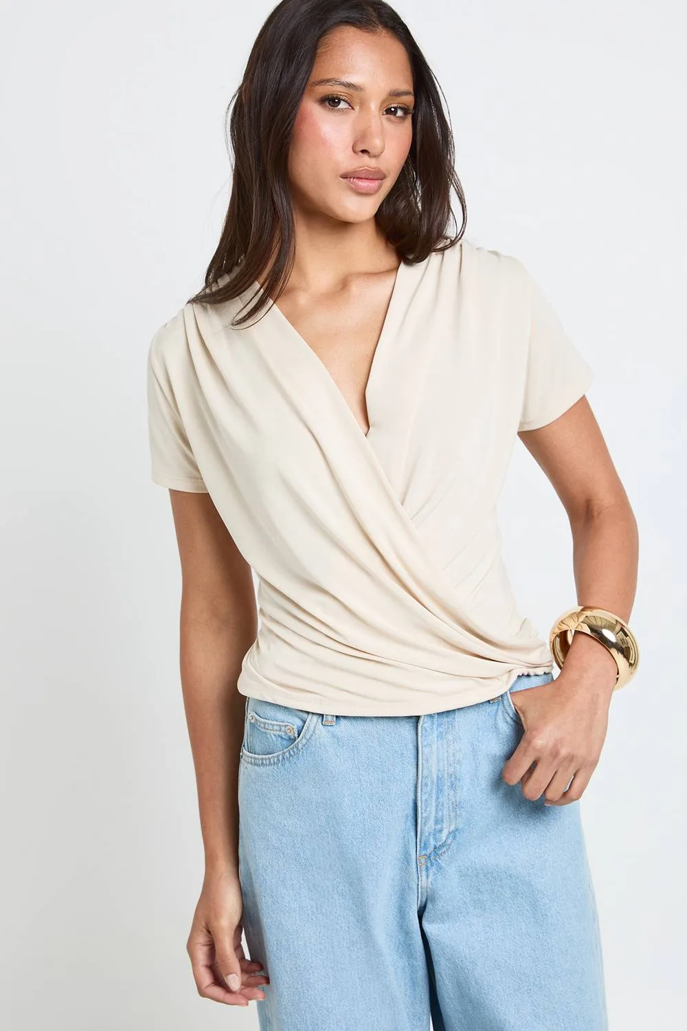 Modal Deep Drape Short Sleeve Top - Denim/Polyurethane by boohoo