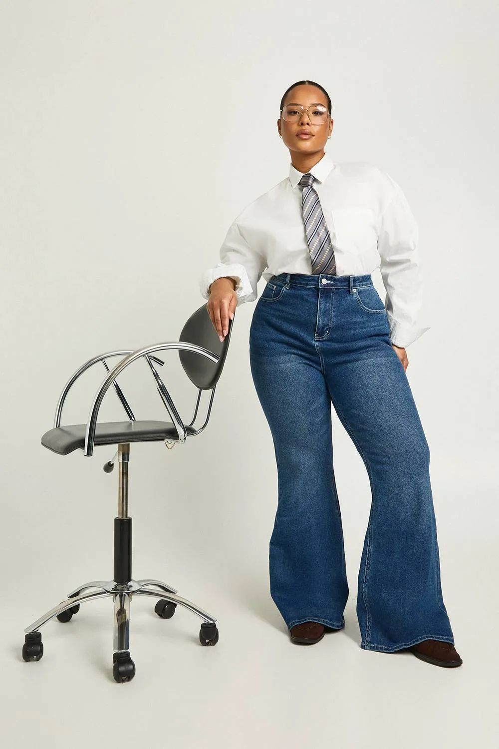 The Plus High Waist Flare Jean - Denim/Polyurethane by boohoo