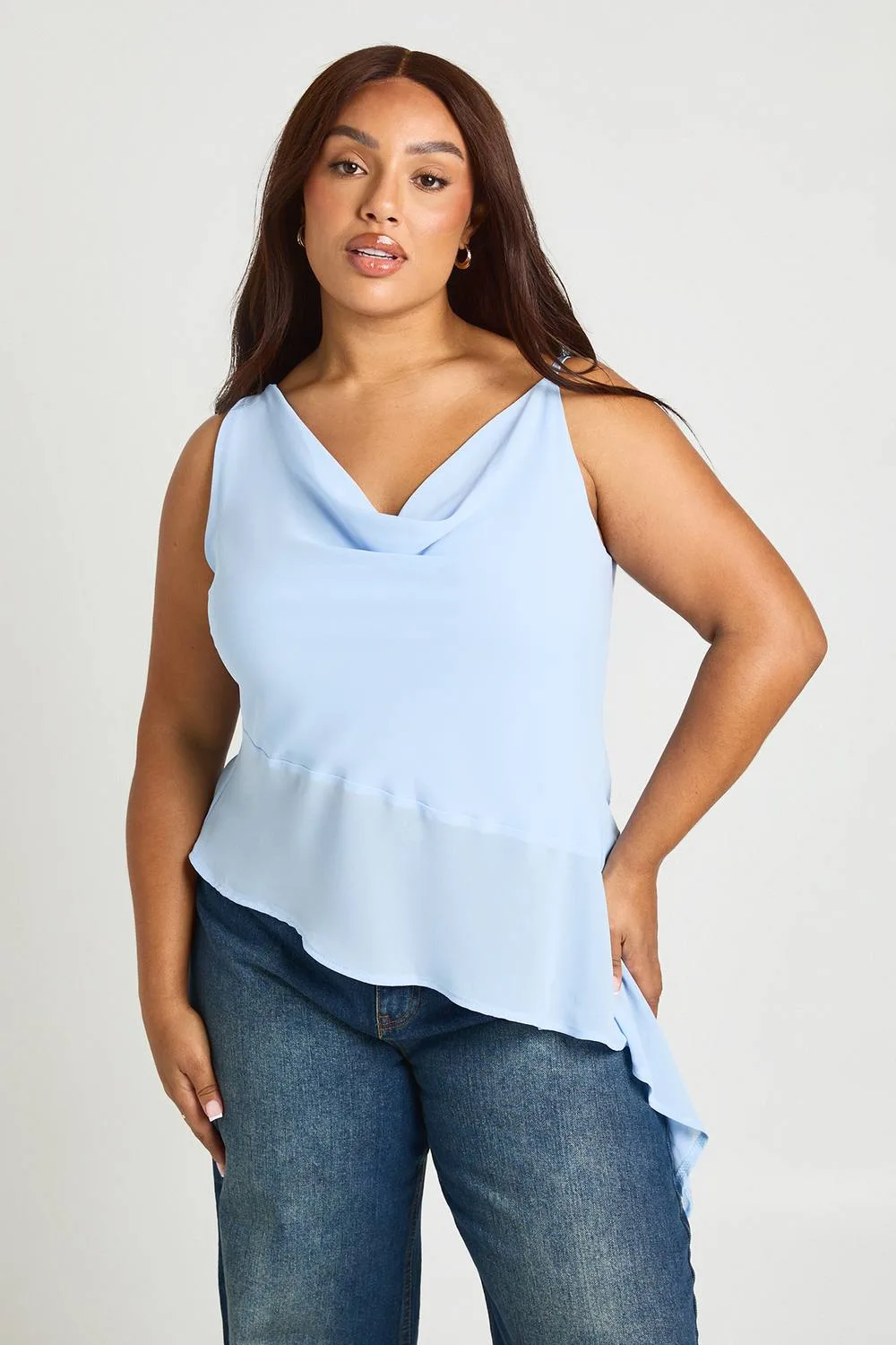Strappy Asymmetric Hem Cami Top - Denim/Chiffon by boohoo