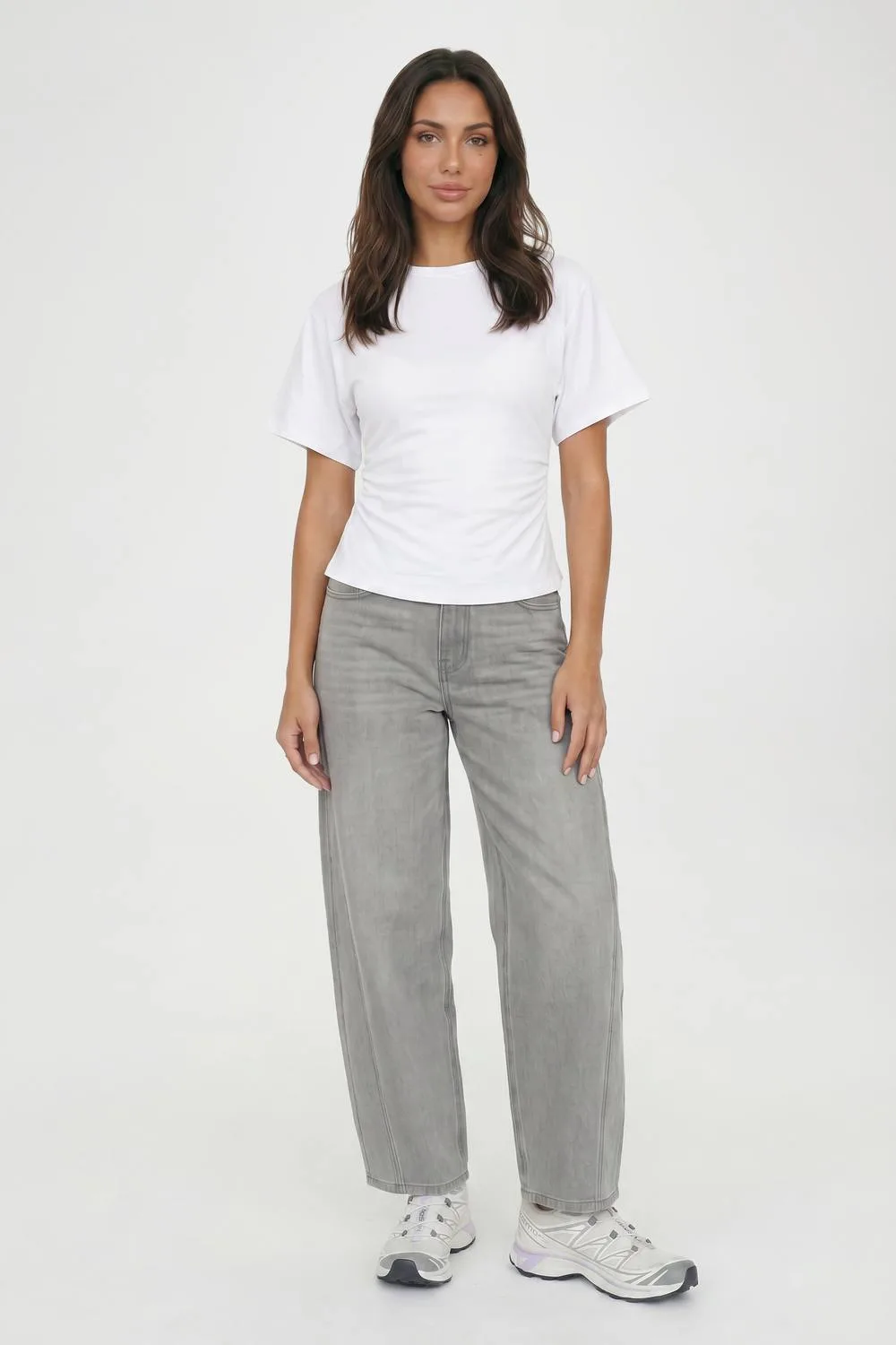 Jersey Ruched Waist Cap Sleeve T-Shirt - Denim/Cotton/Polyurethane by boohoo