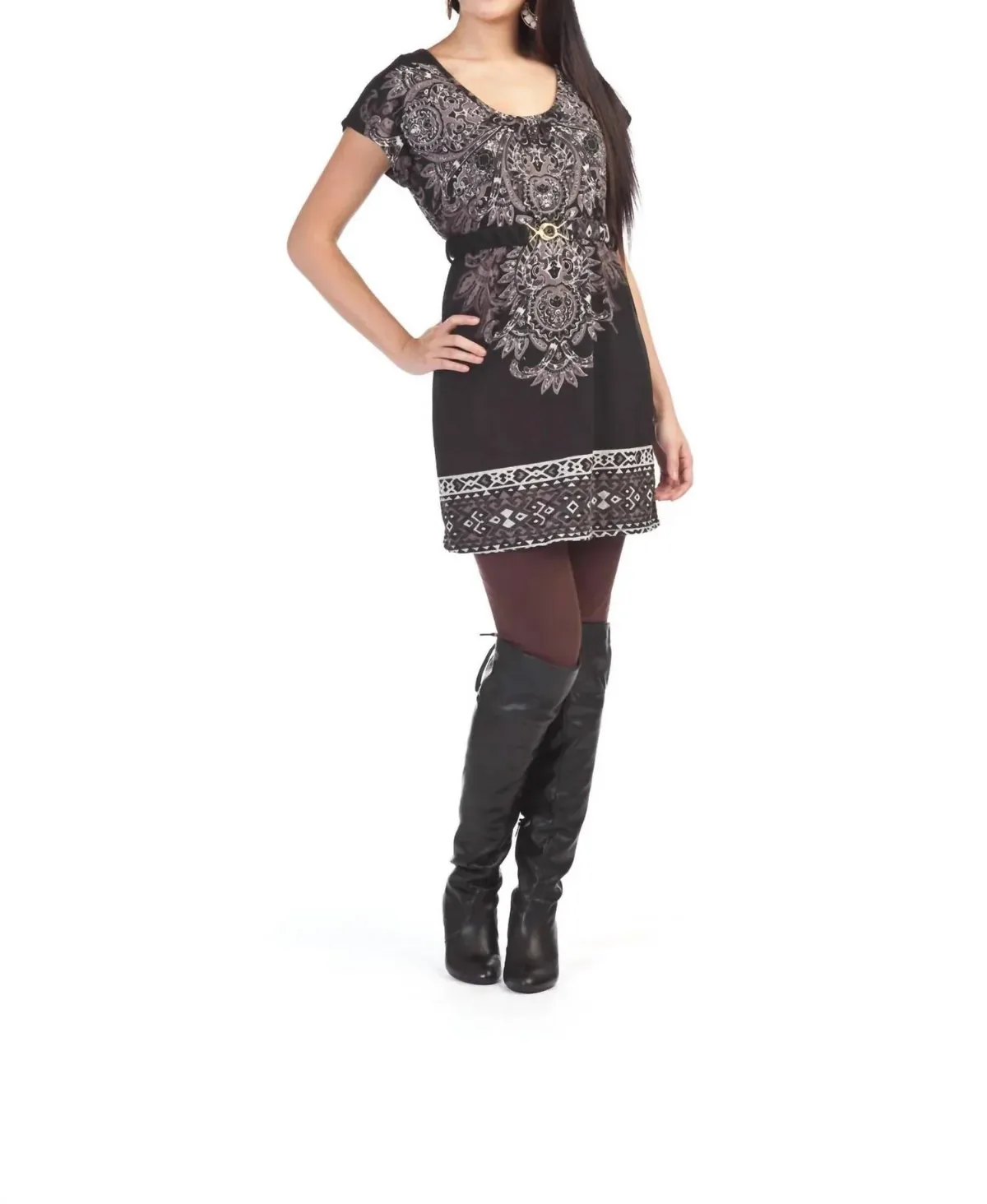 Geometric Border with Belt Sweater Dress by Papillon