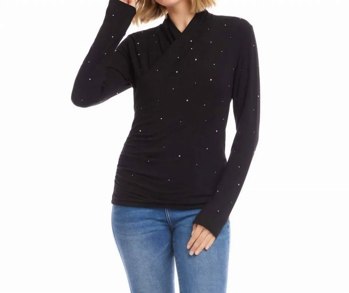 Lyra Long Sleeve Embellished Drape Front Crossover Top by Karen Kane