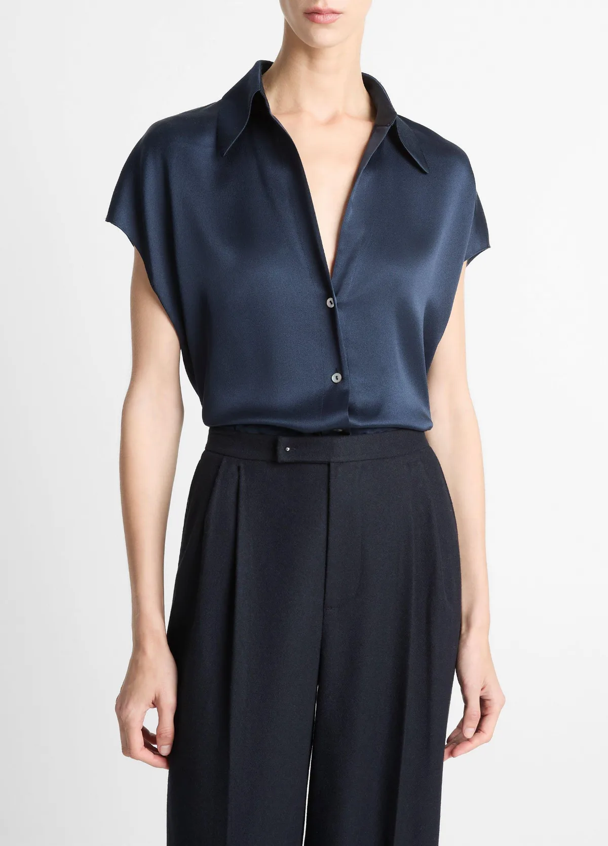 Silk Cap-Sleeve Ruched-Back Blouse