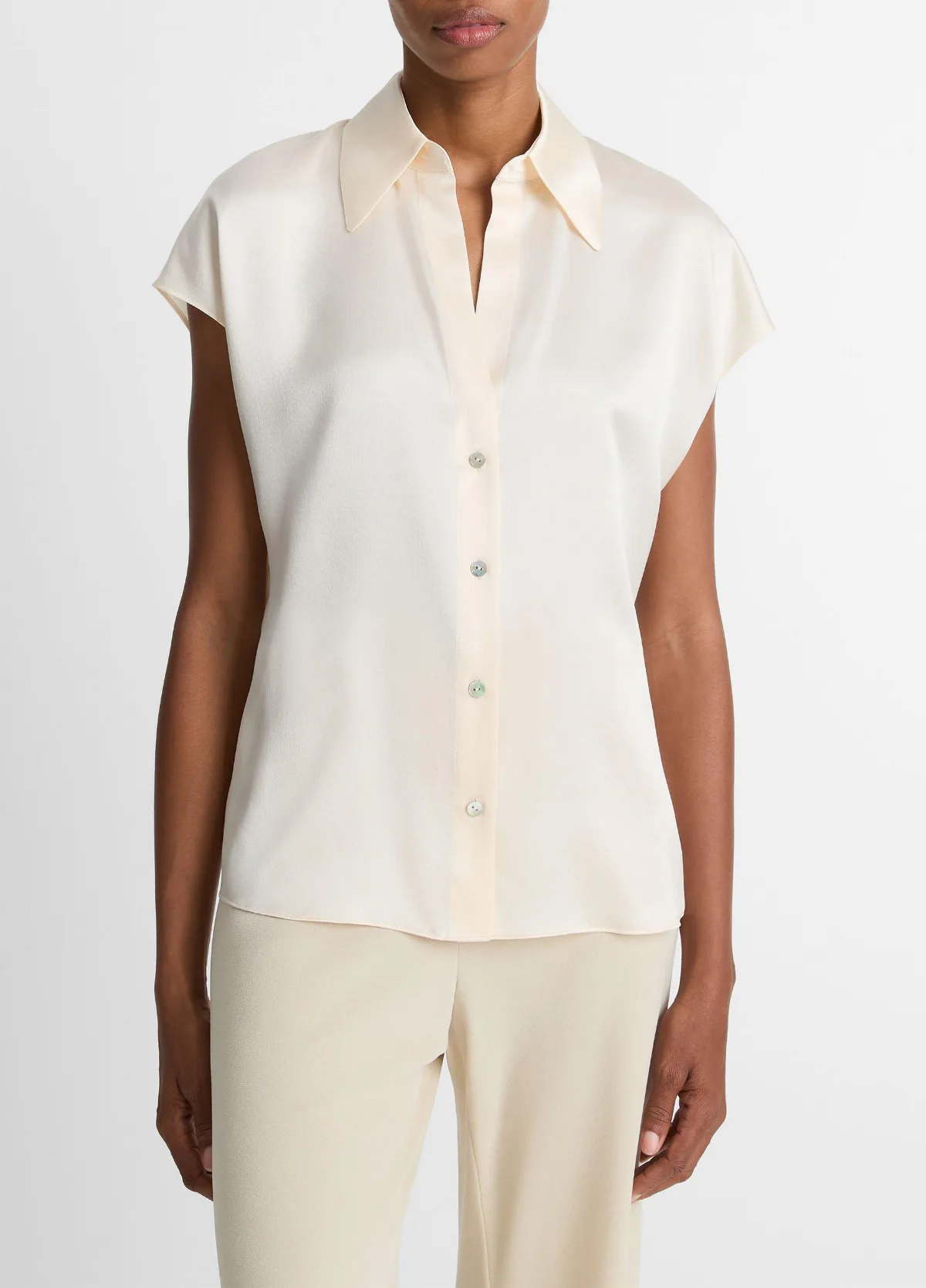 Silk Cap-Sleeve Ruched-Back Blouse