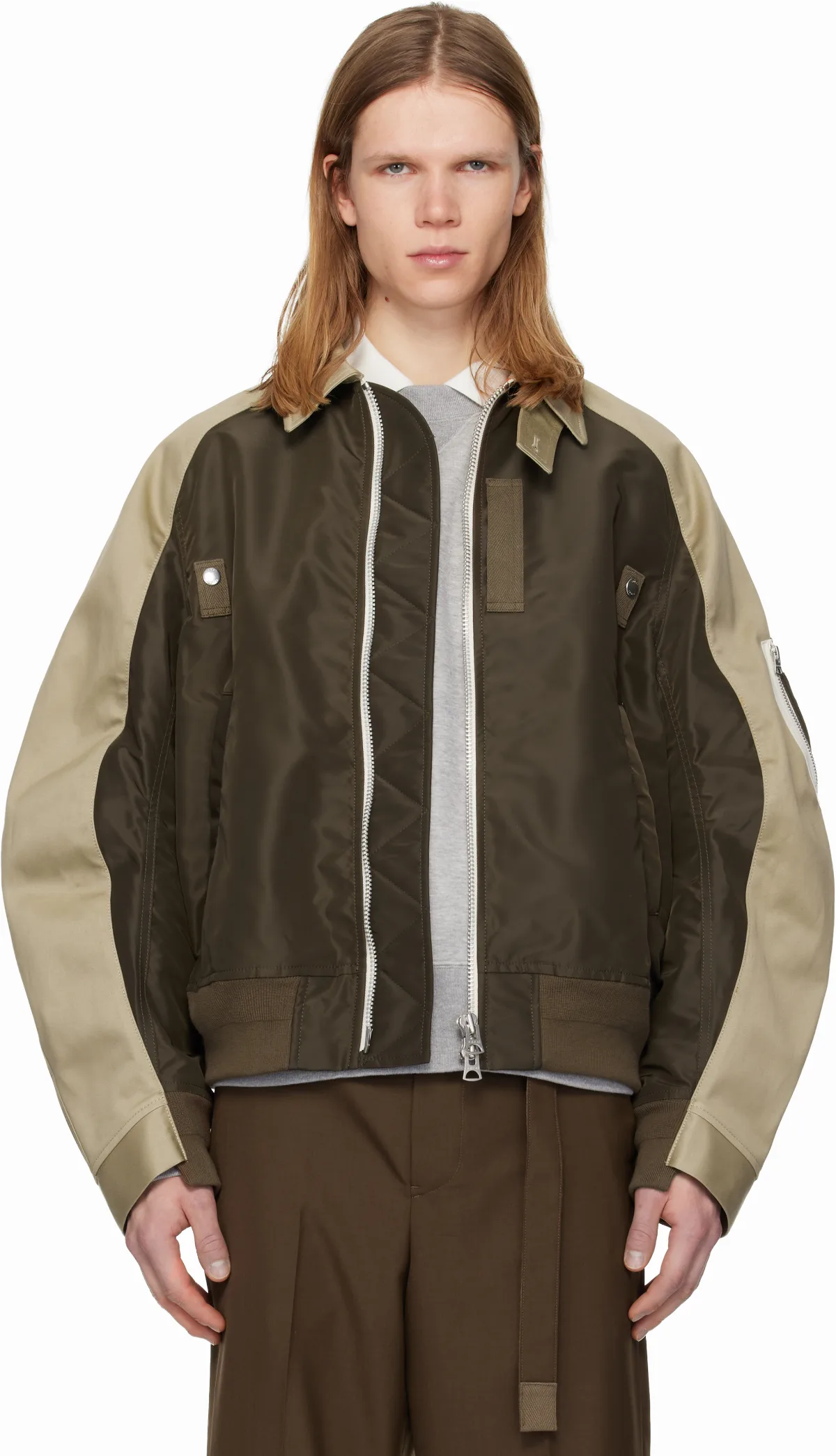Beige & Khaki Cotton Chino & Nylon Twill Bomber Jacket