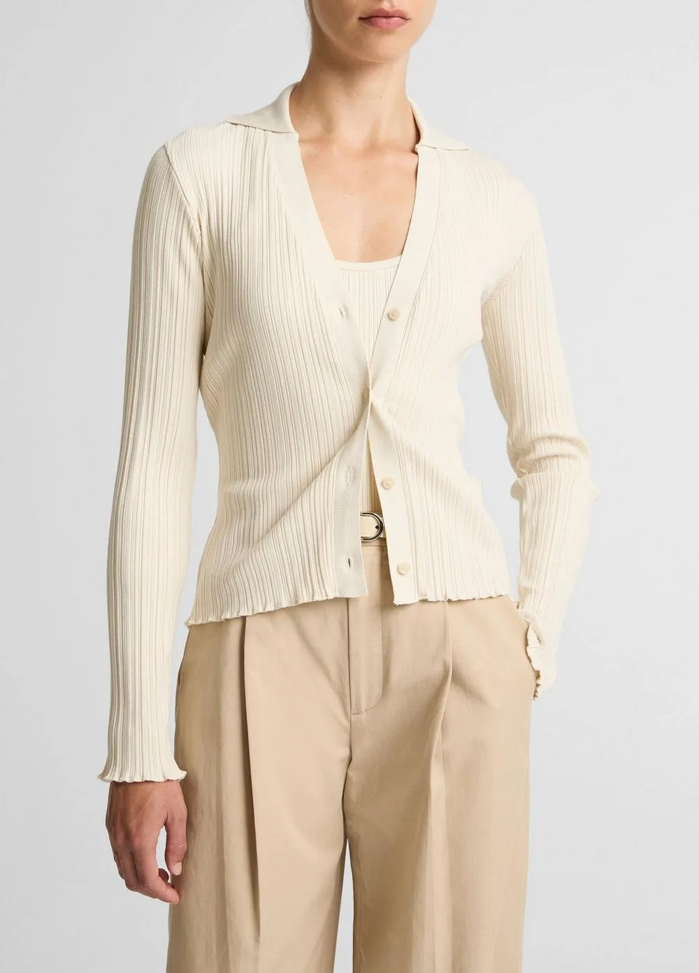 Variegated-Rib Cotton-Blend Polo Top
