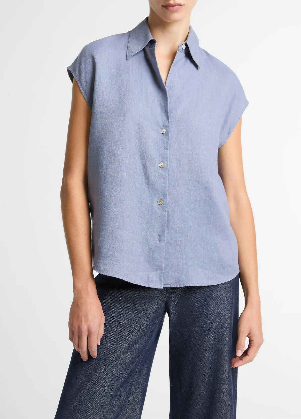 Linen Cap-Sleeve Button-Front Blouse