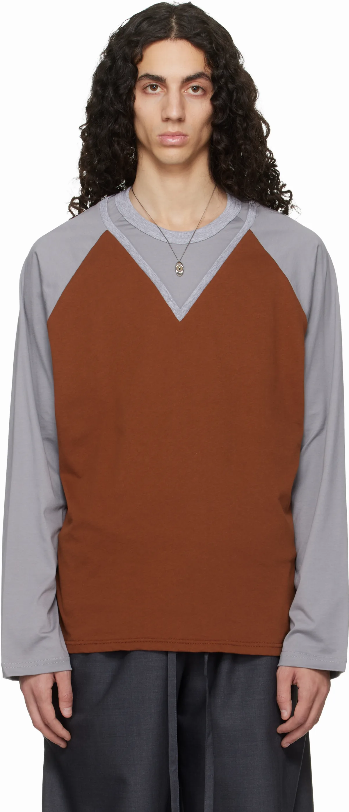 Tan & Gray W-Neck Cotton T-shirt by Serapis