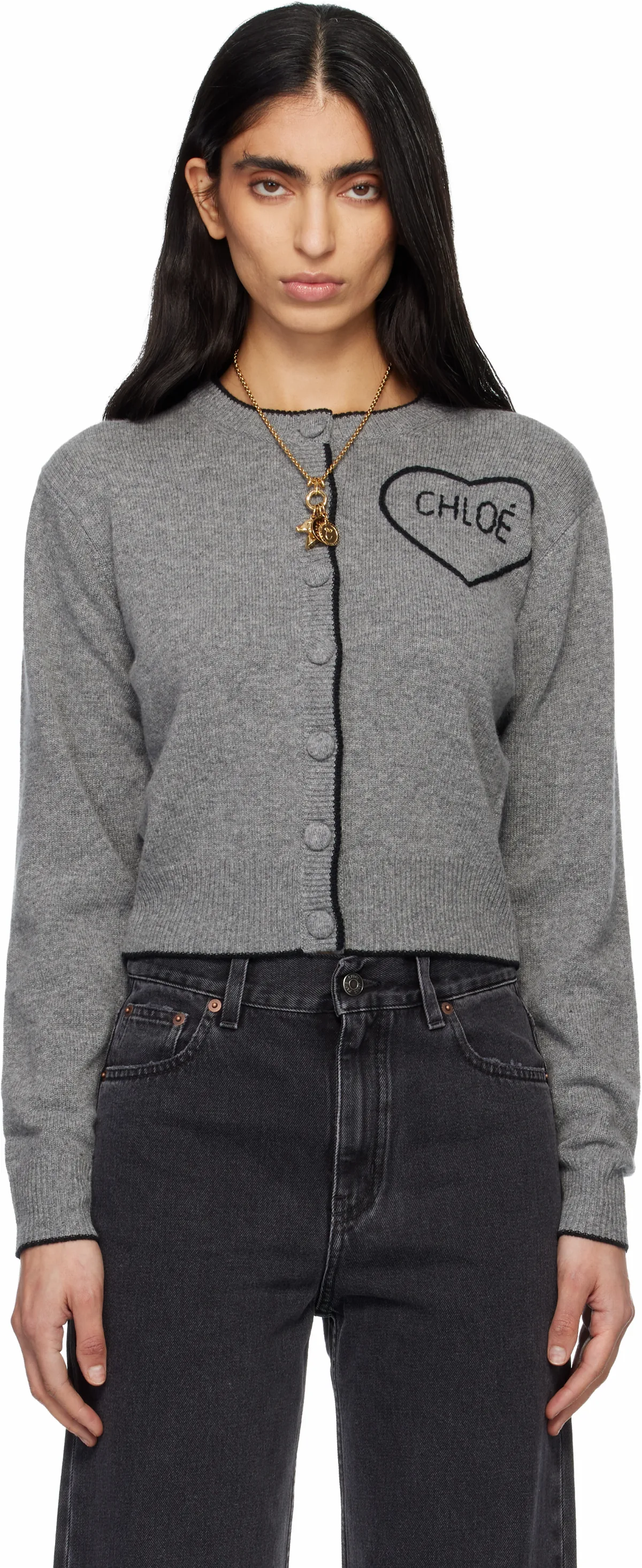 Gray Fitted Logo Cardigan