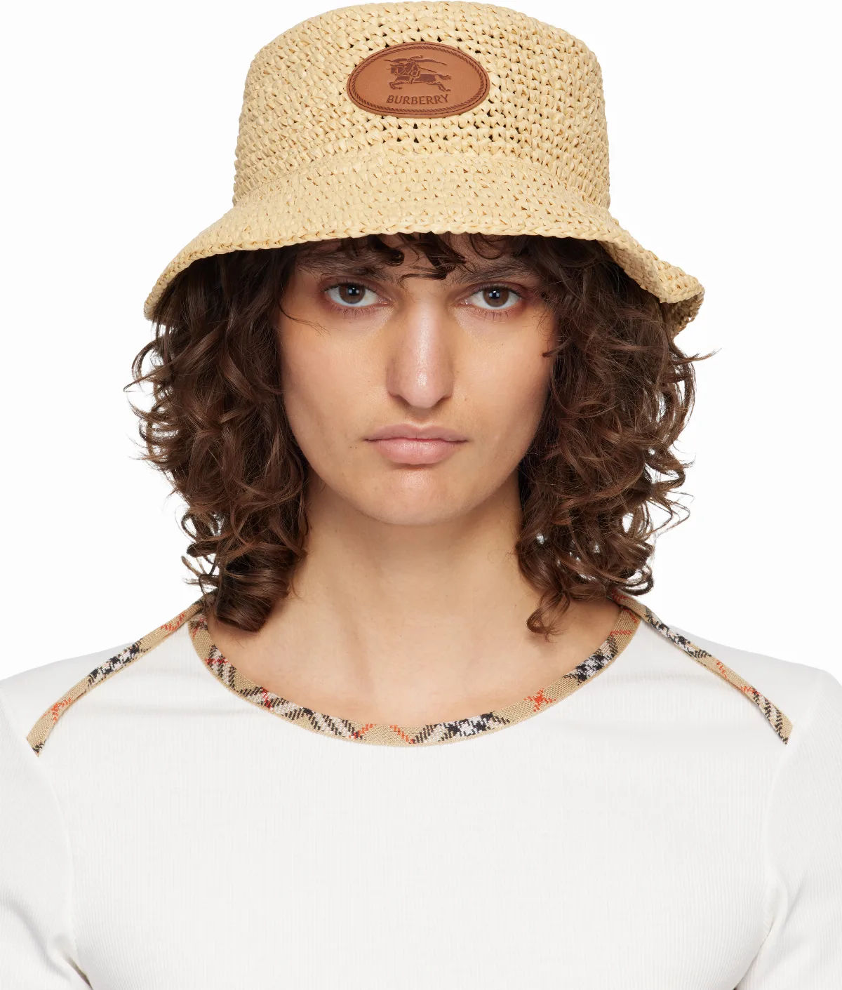 Beige Knight Stamp Raffia-Effect Bucket Hat