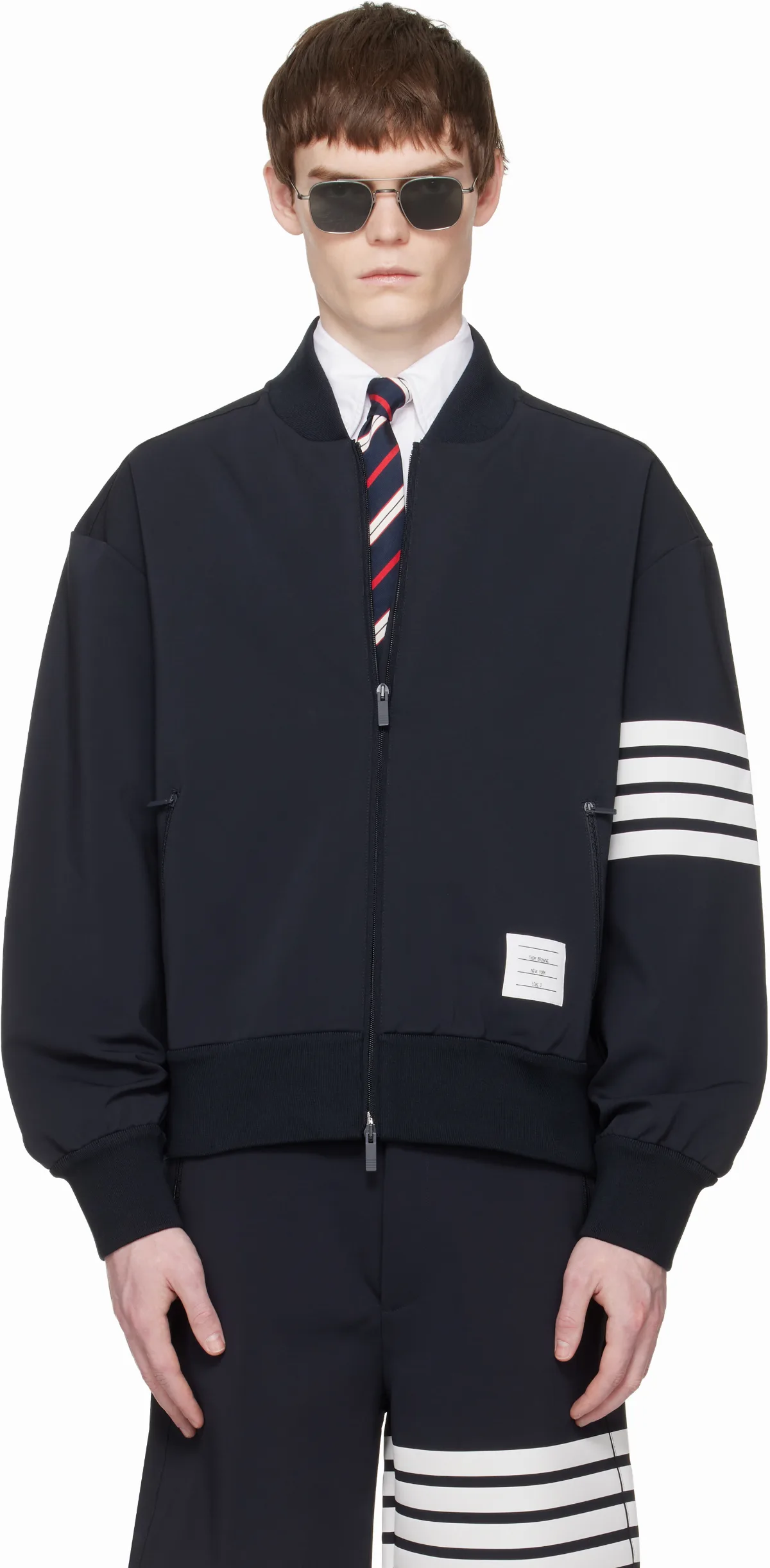Navy Printed 4-Bar Bomber Jacket