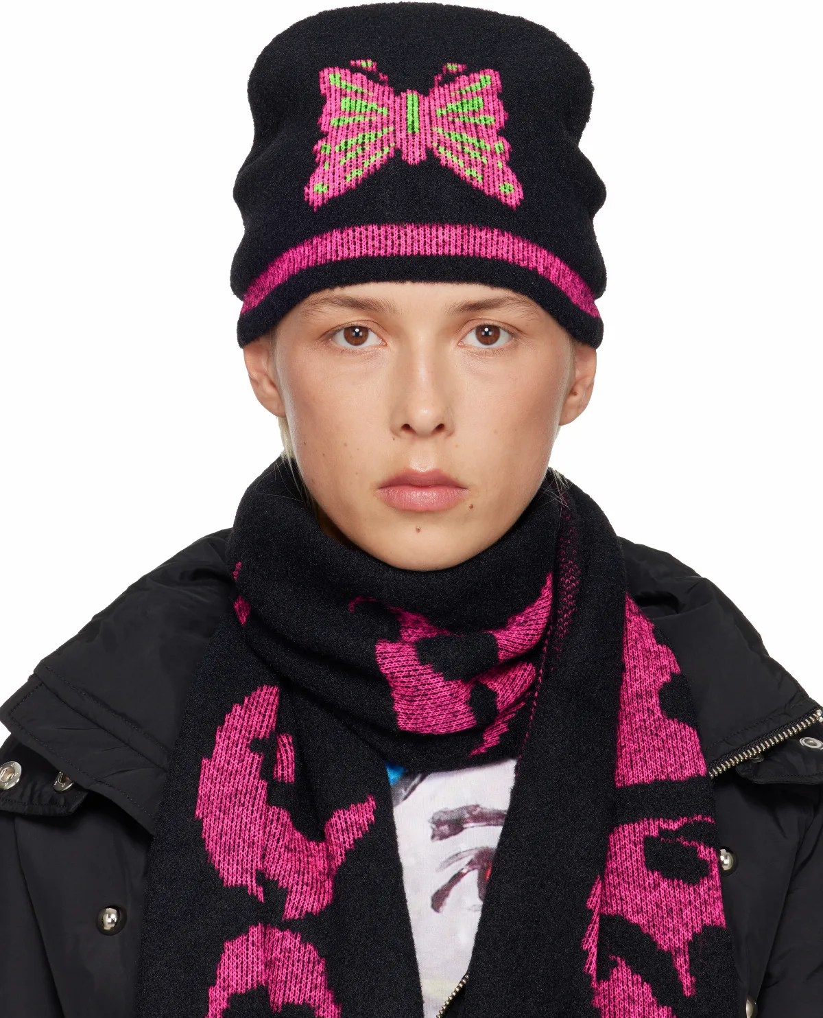 Black & Pink Cyber Butterfly Beanie