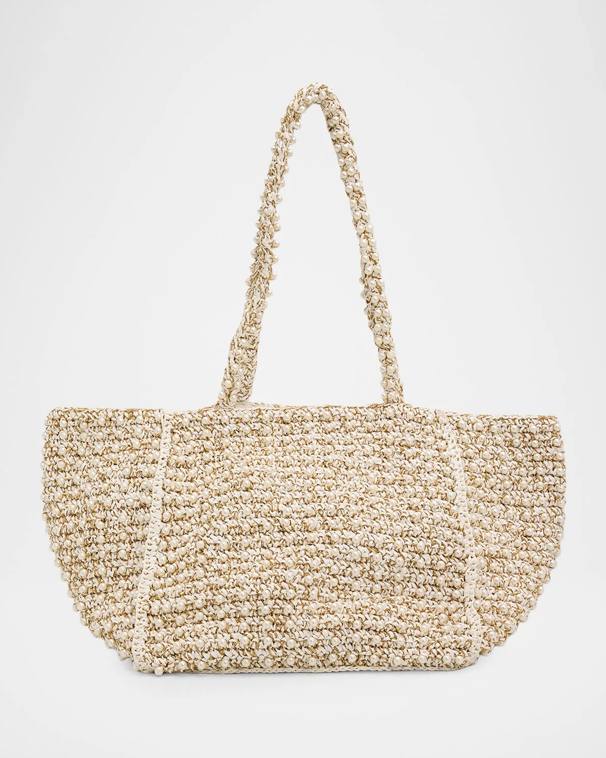 Metallic Pearl-Embellished Raffia Tote Bag