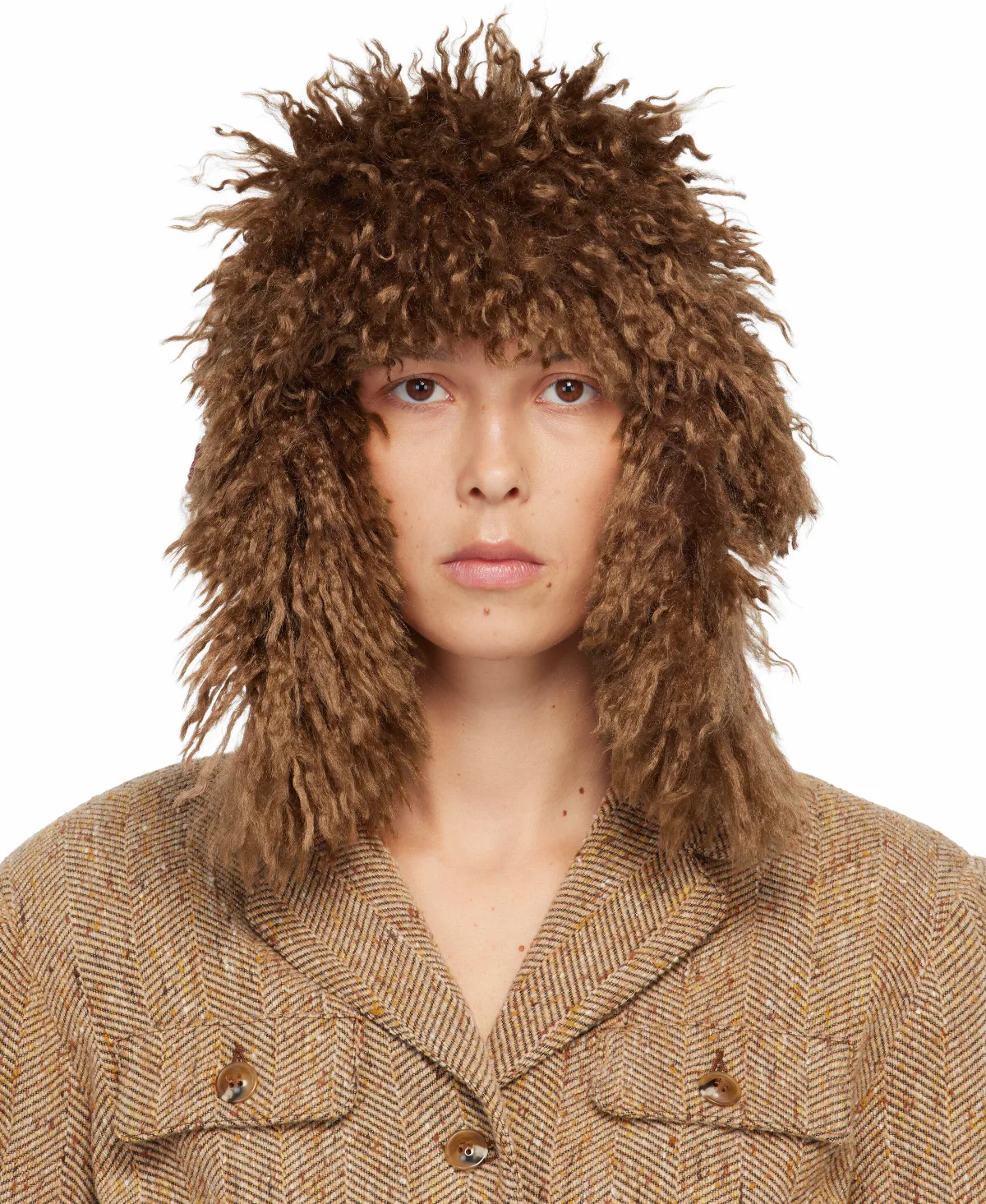 Tan Faux Fur Trim Aviator Hat by Anna Sui