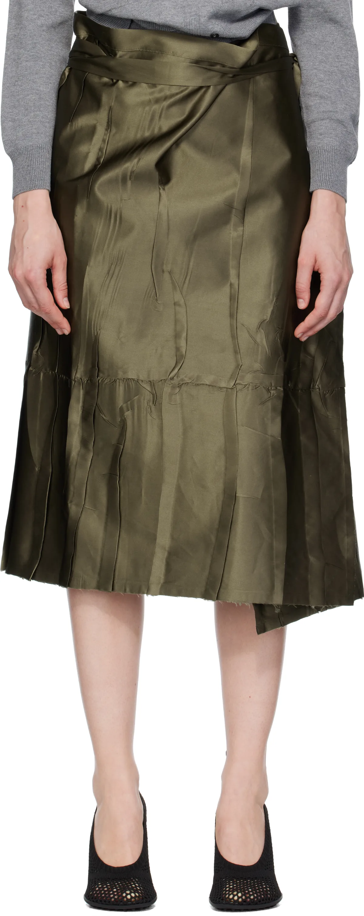 Khaki Apron Flat Midi Skirt