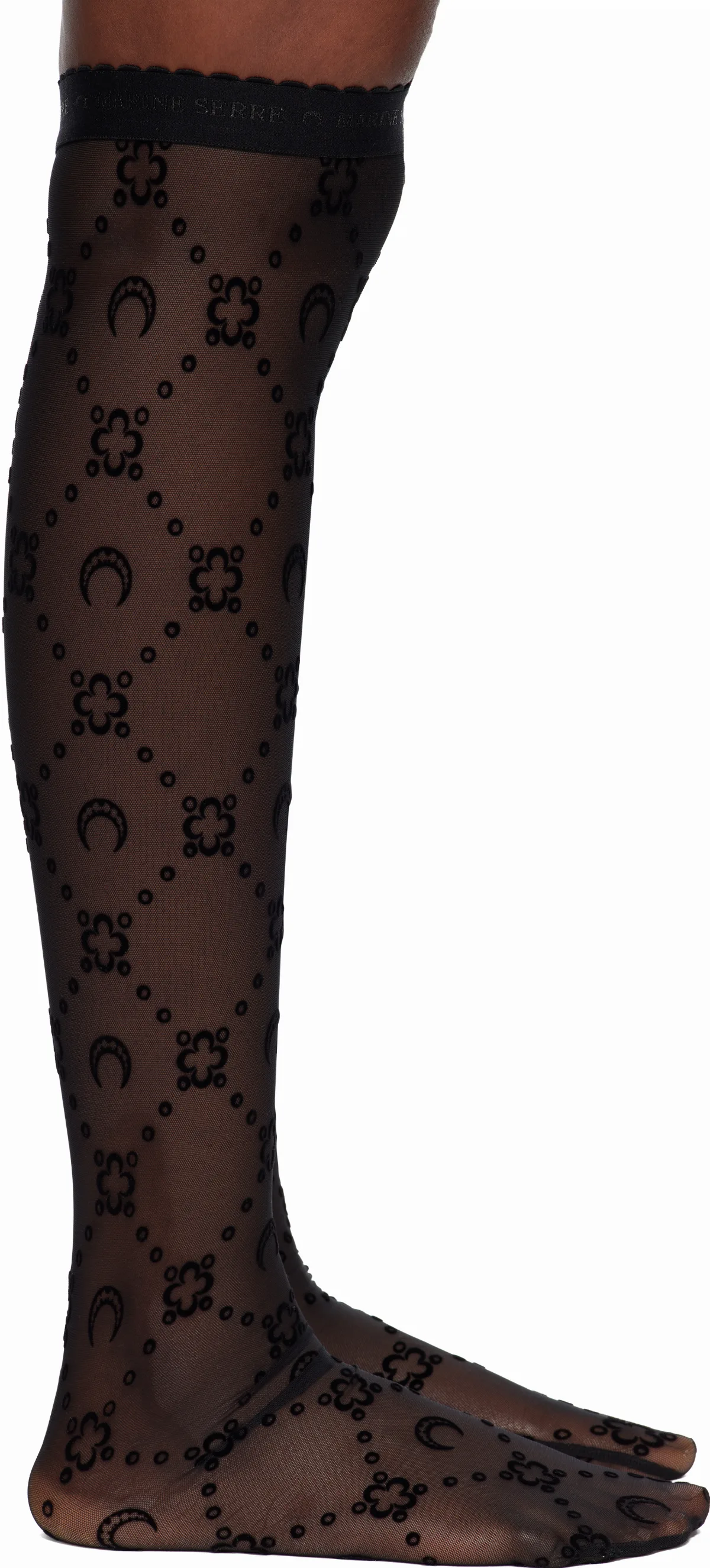 Black Moonogram Mesh Flock Long Socks by Marine Serre