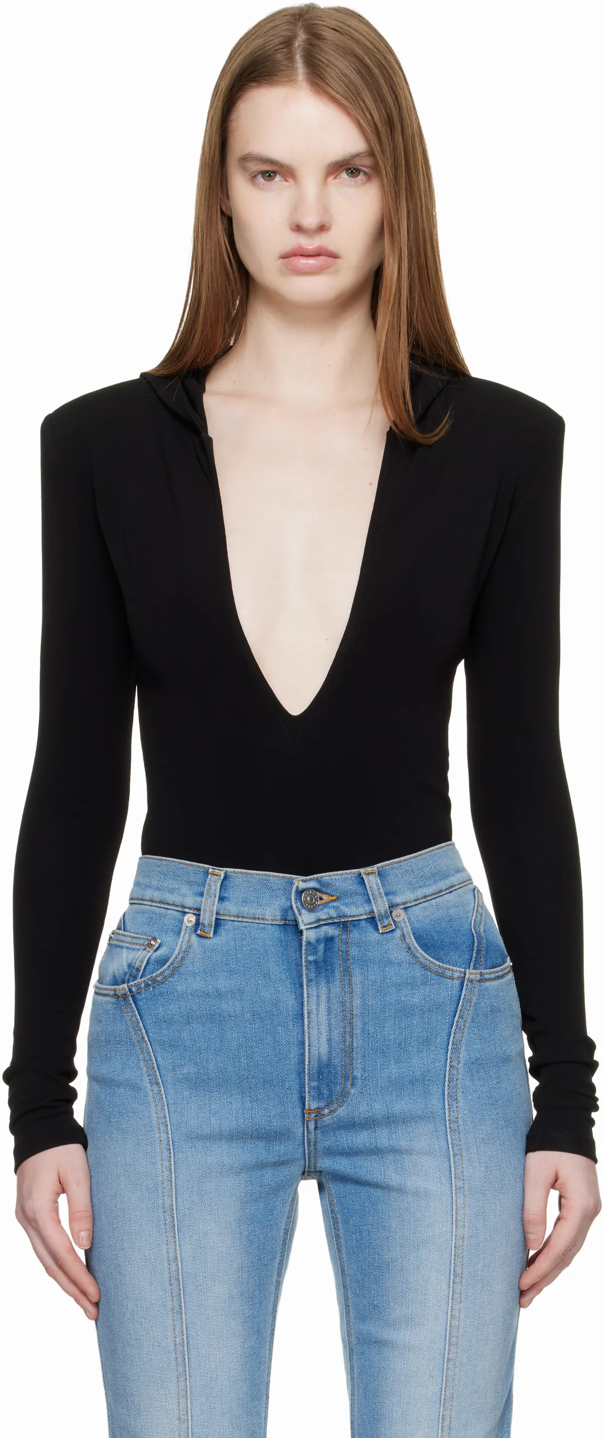 Black Hooded V-Neck Bodysuit