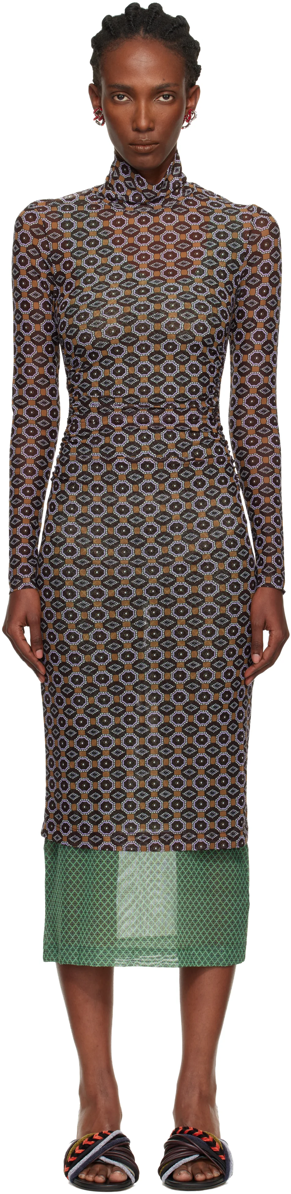 Brown & Green Transparent Mesh Midi Dress