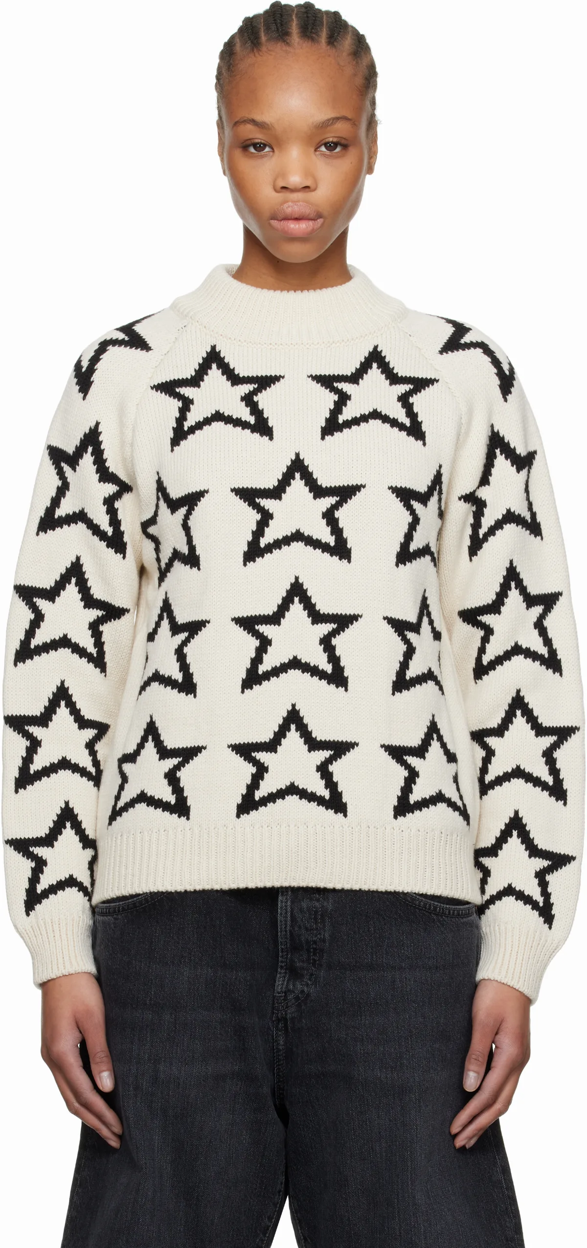 Beige & Black Mock Neck Star Sweater